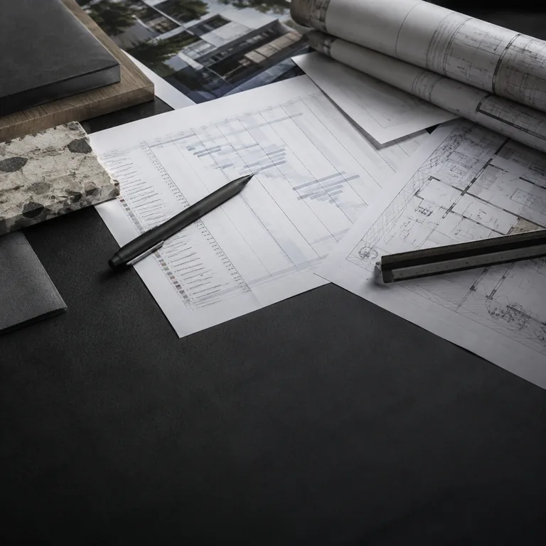 Architectural drawings, project schedule and material samples used for project management